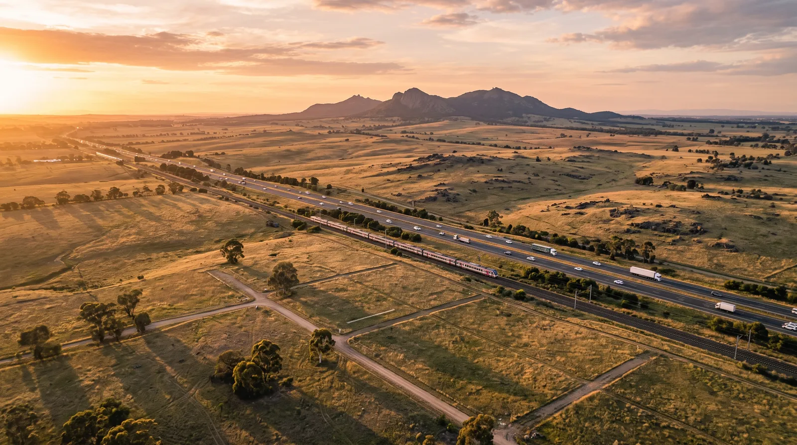 Aerial view over open farmland and future precinct land near Werribee in Melbourne's west