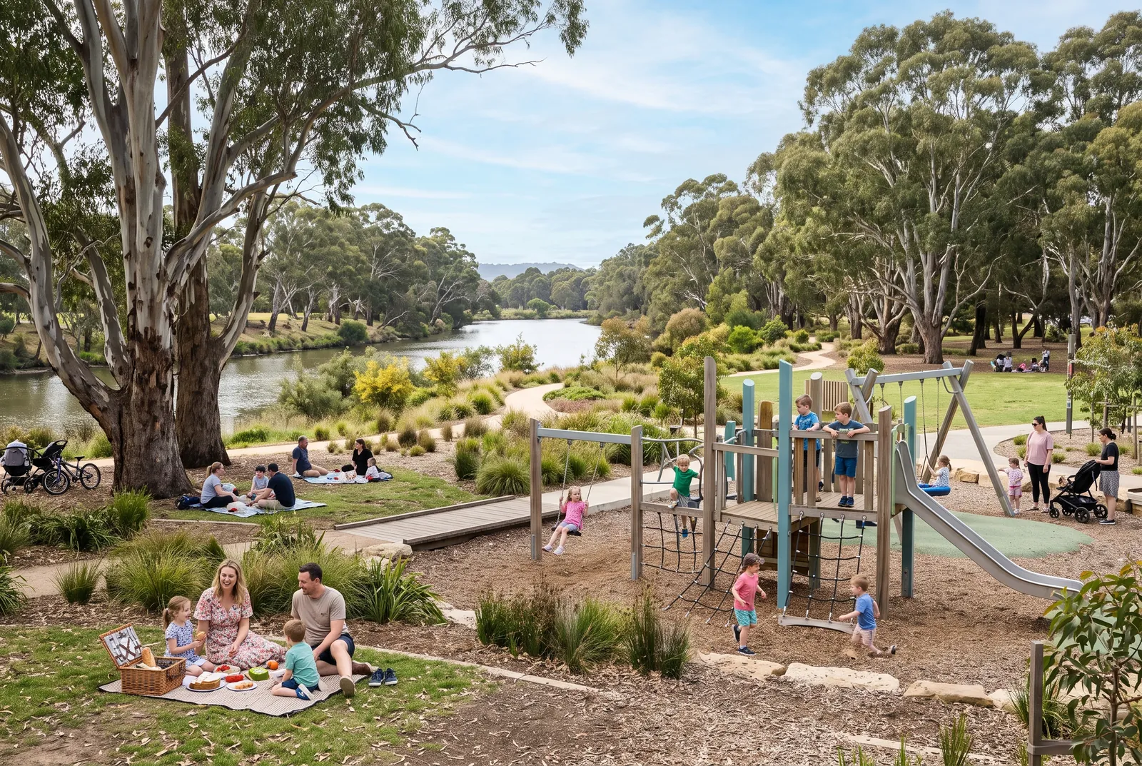 Indicative neighbourhood playground with families and shaded seating