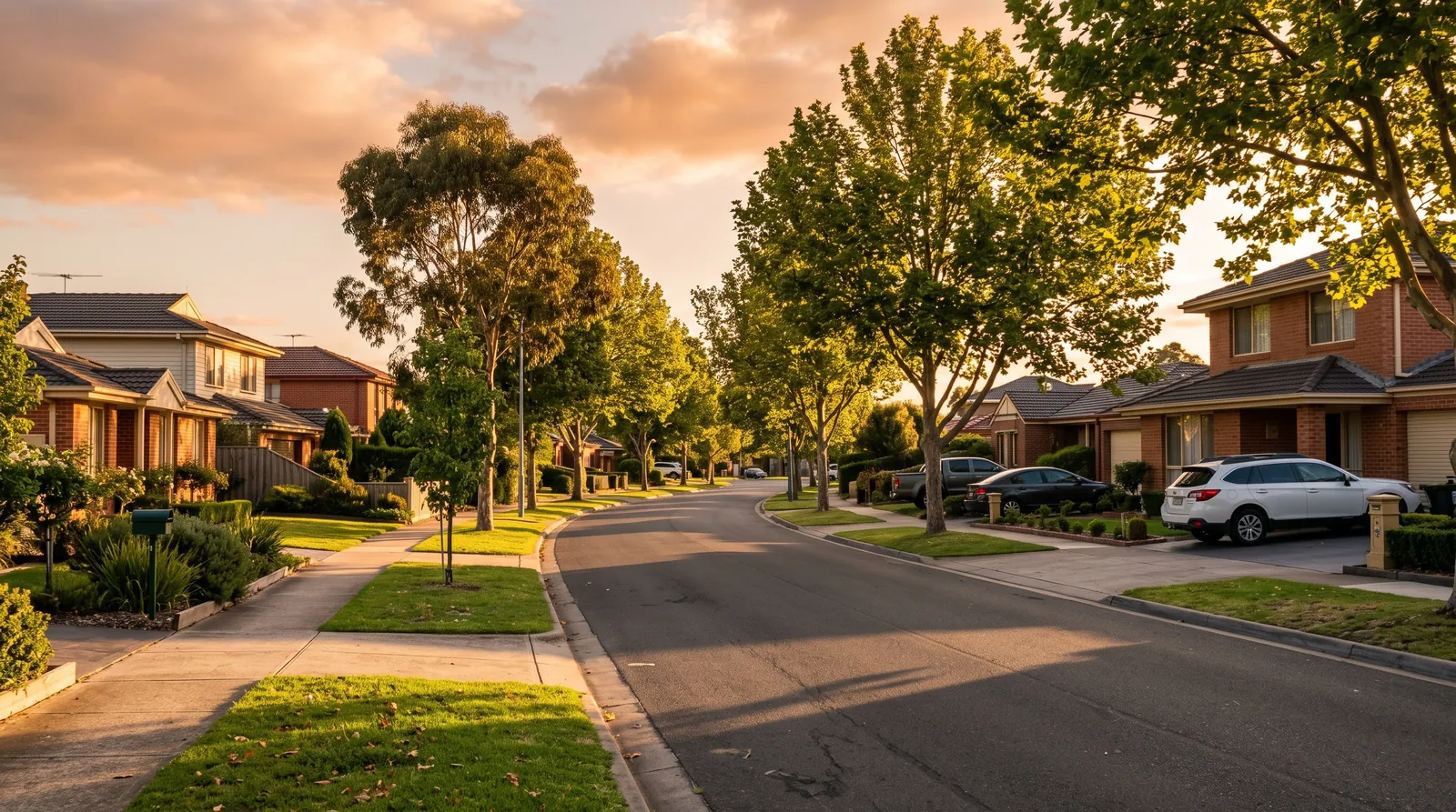 Indicative residential street at golden hour with young street trees