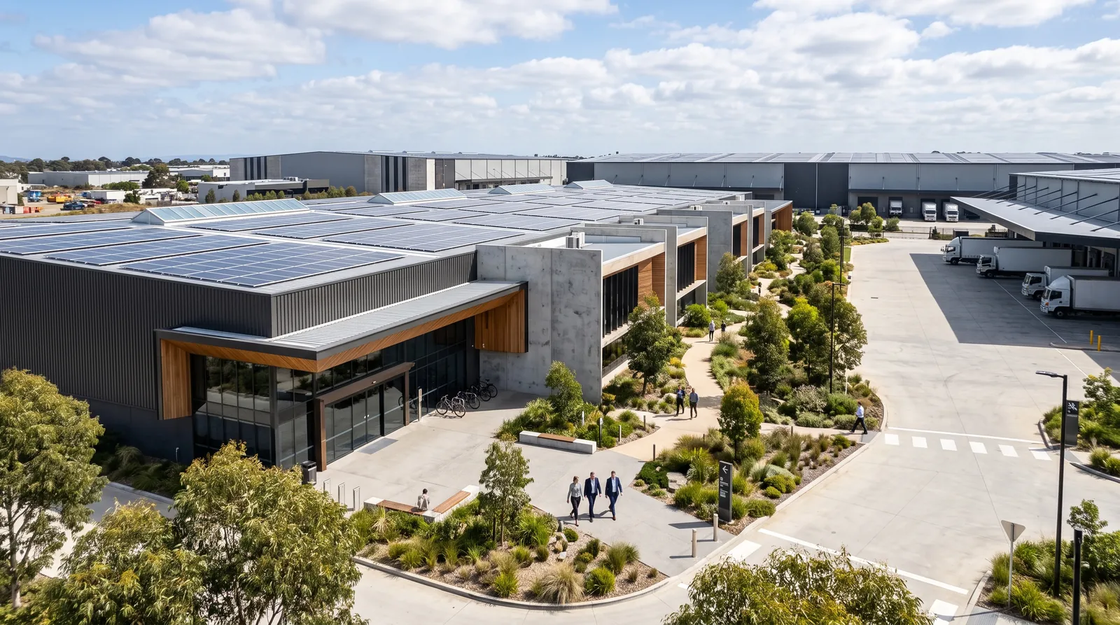 Indicative employment and town centre precinct with low rise buildings and landscaped plaza